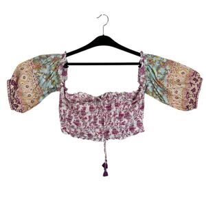 River Island NWT Colorful Smocked Bandeau Short Off Shoulder Puff Sleeve Top L